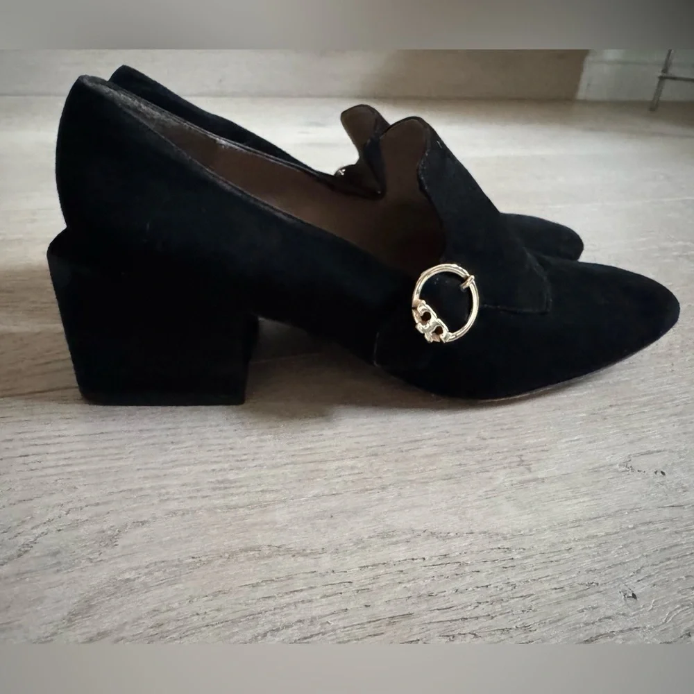 Tory Burch Women's Black Suede Tess Block-Heel Loafers Size 9